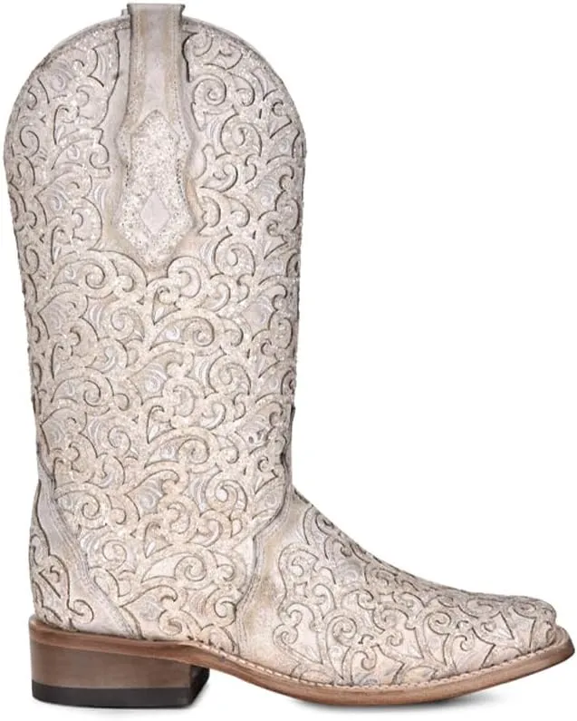CORRAL LADIE'S WHITE GLITTER OVERLAY & EMBROIDERY SQ. TOE, LEATHER SOLE, COWHIDE LEATHER, WESTERN BOOT, C4059