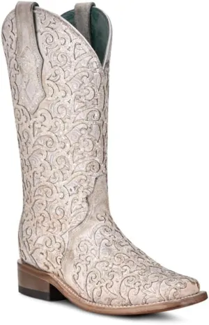 CORRAL LADIE'S WHITE GLITTER OVERLAY & EMBROIDERY SQ. TOE, LEATHER SOLE, COWHIDE LEATHER, WESTERN BOOT, C4059