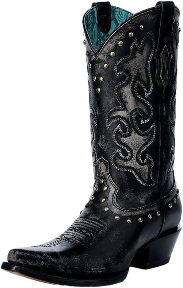 Corral Western Boots Womens Embroidery Studs Leather Black Bone A4621