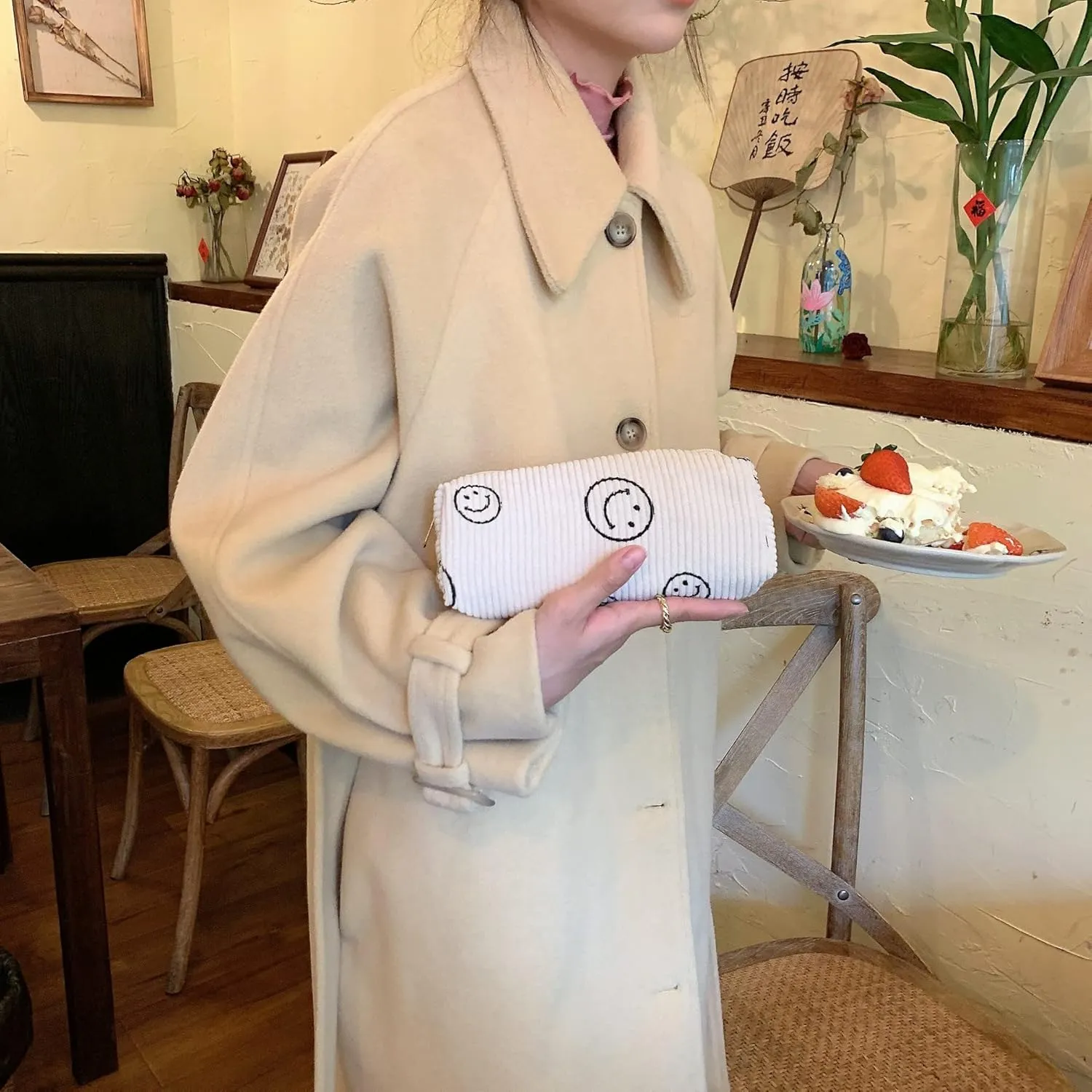 Cosmetic Bags for Women - Corduroy Cosmetic Bag Aesthetic Women Handbags Purses Smile Dots Makeup Organizer Storage Makeup Bag Girls Case Bags (3PCs Beige)