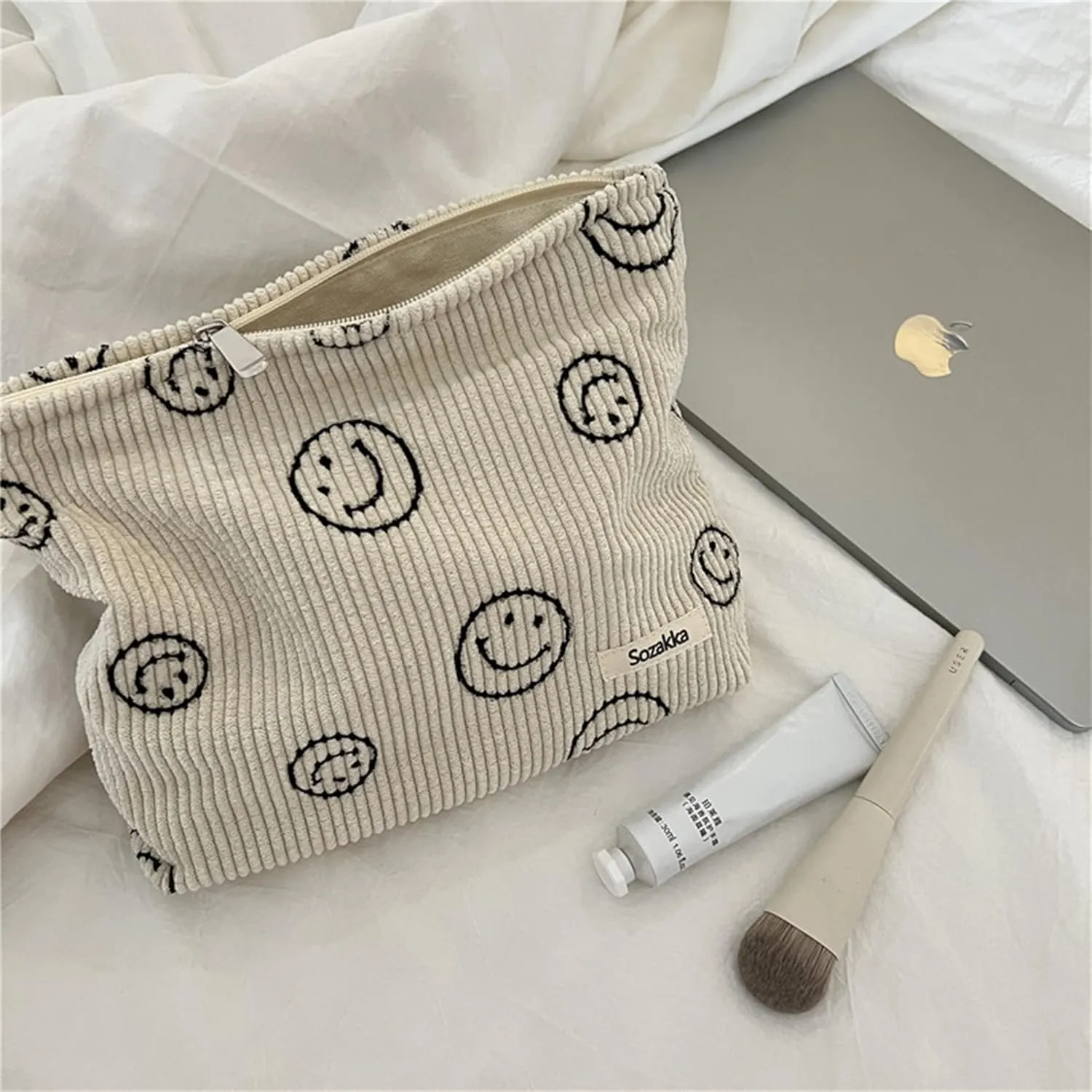 Cosmetic Bags for Women - Corduroy Cosmetic Bag Aesthetic Women Handbags Purses Smile Dots Makeup Organizer Storage Makeup Bag Girls Case Bags (3PCs Beige)