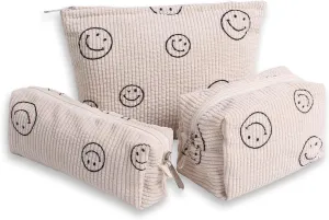 Cosmetic Bags for Women - Corduroy Cosmetic Bag Aesthetic Women Handbags Purses Smile Dots Makeup Organizer Storage Makeup Bag Girls Case Bags (3PCs Beige)