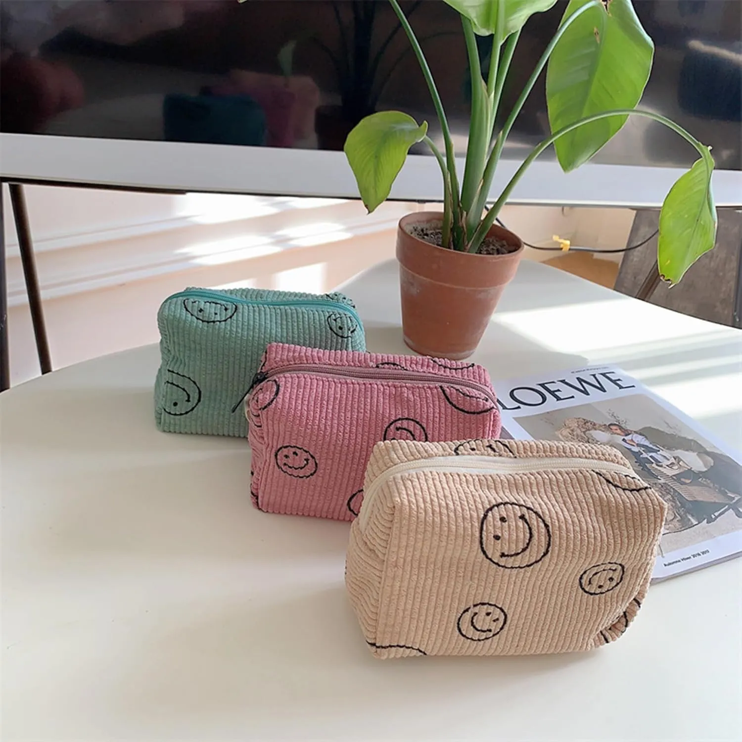 Cosmetic Bags for Women - Corduroy Cosmetic Bag Aesthetic Women Handbags Purses Smile Dots Makeup Organizer Storage Makeup Bag Girls Case Bags (3PCs Khaki)