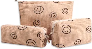 Cosmetic Bags for Women - Corduroy Cosmetic Bag Aesthetic Women Handbags Purses Smile Dots Makeup Organizer Storage Makeup Bag Girls Case Bags (3PCs Khaki)
