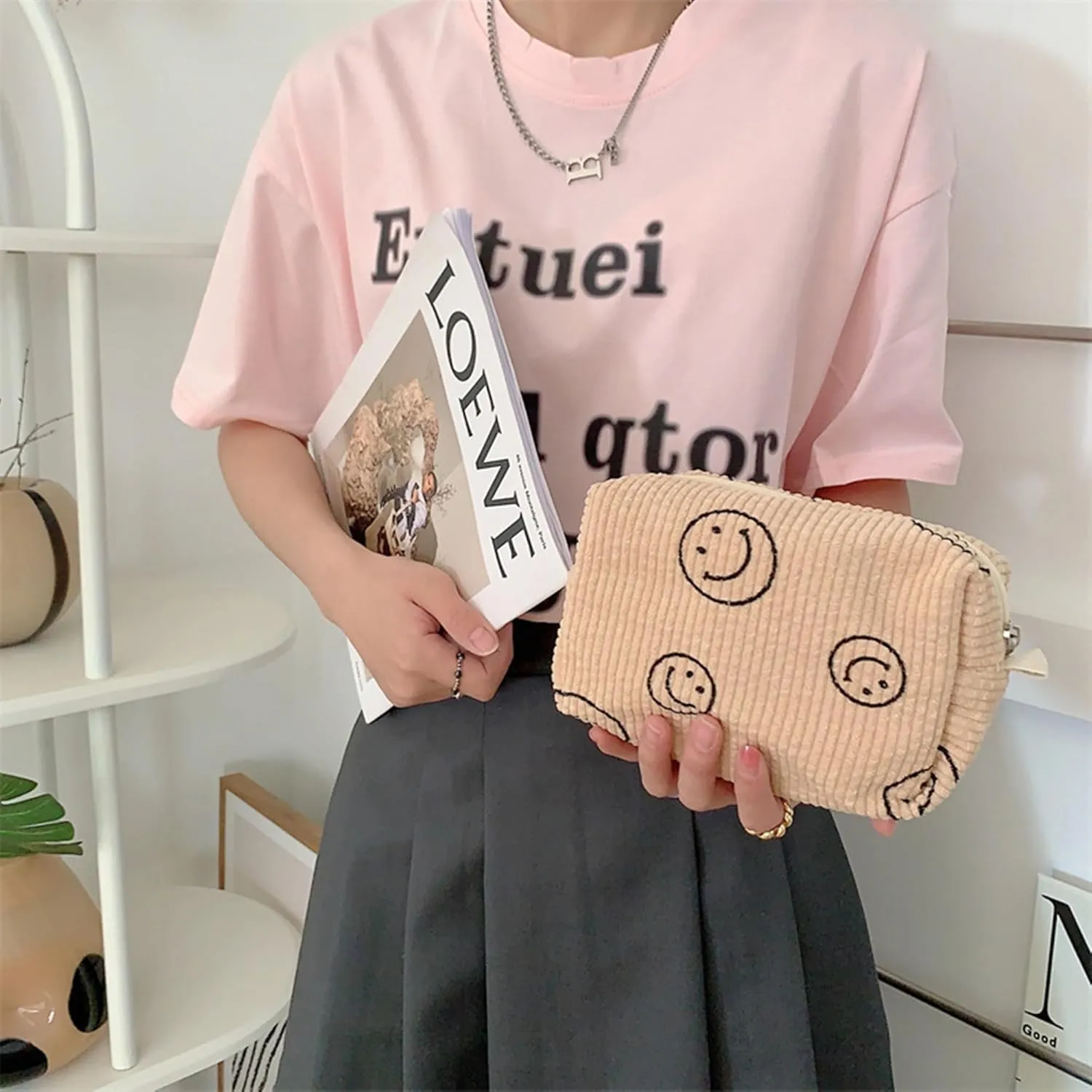 Cosmetic Bags for Women - Corduroy Cosmetic Bag Aesthetic Women Handbags Purses Smile Dots Makeup Organizer Storage Makeup Bag Girls Case Bags (3PCs Khaki)