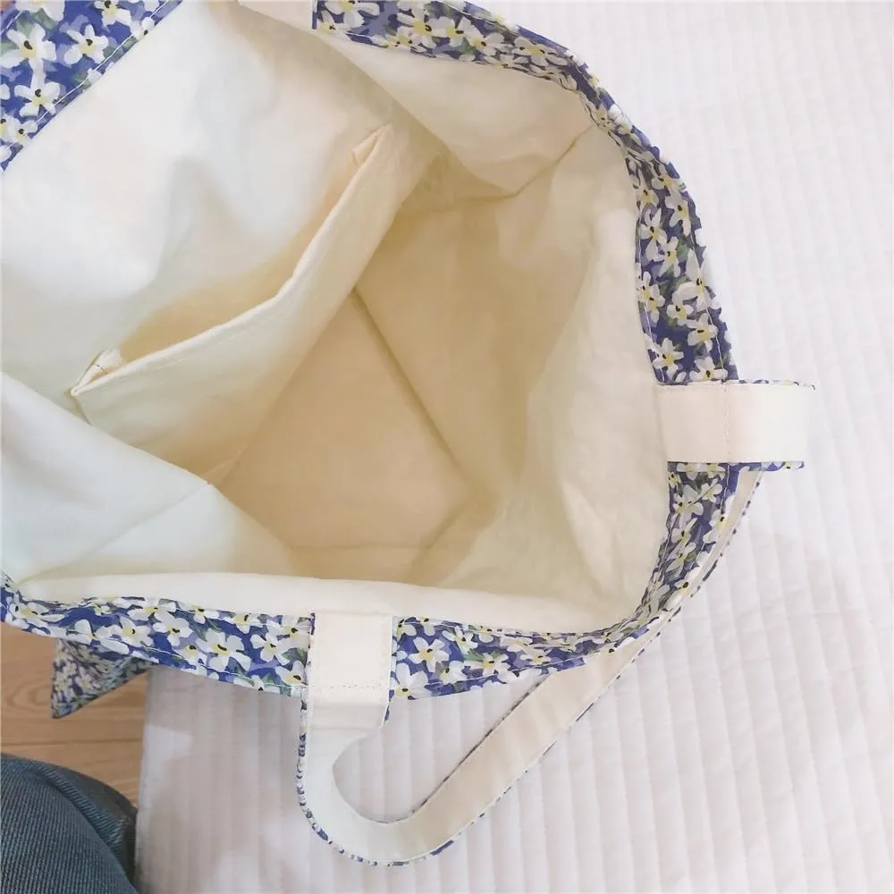 Cotton Canvas Tote Bag Reusable Soft Grocery Cloth Bag Floral Shoulder Bag for Beach Travel Shopping