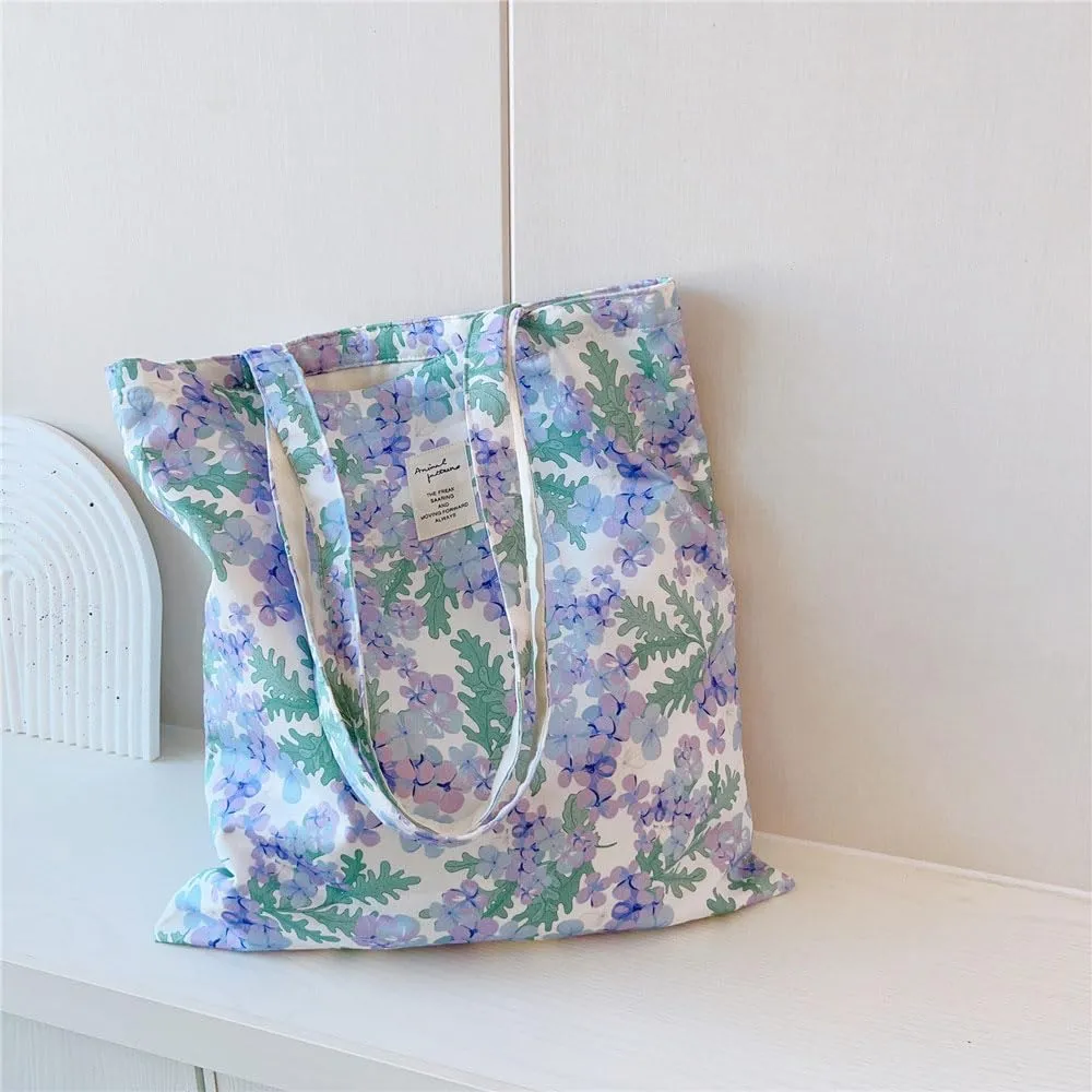 Cotton Canvas Tote Bag Reusable Soft Grocery Cloth Bag Floral Shoulder Bag for Beach Travel Shopping