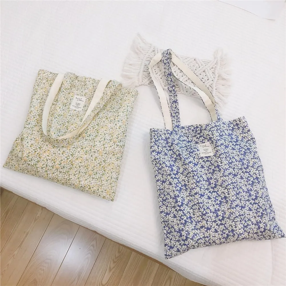 Cotton Canvas Tote Bag Reusable Soft Grocery Cloth Bag Floral Shoulder Bag for Beach Travel Shopping