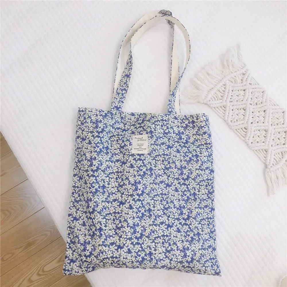 Cotton Canvas Tote Bag Reusable Soft Grocery Cloth Bag Floral Shoulder Bag for Beach Travel Shopping