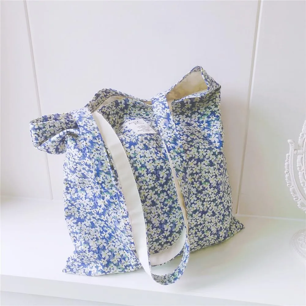 Cotton Canvas Tote Bag Reusable Soft Grocery Cloth Bag Floral Shoulder Bag for Beach Travel Shopping
