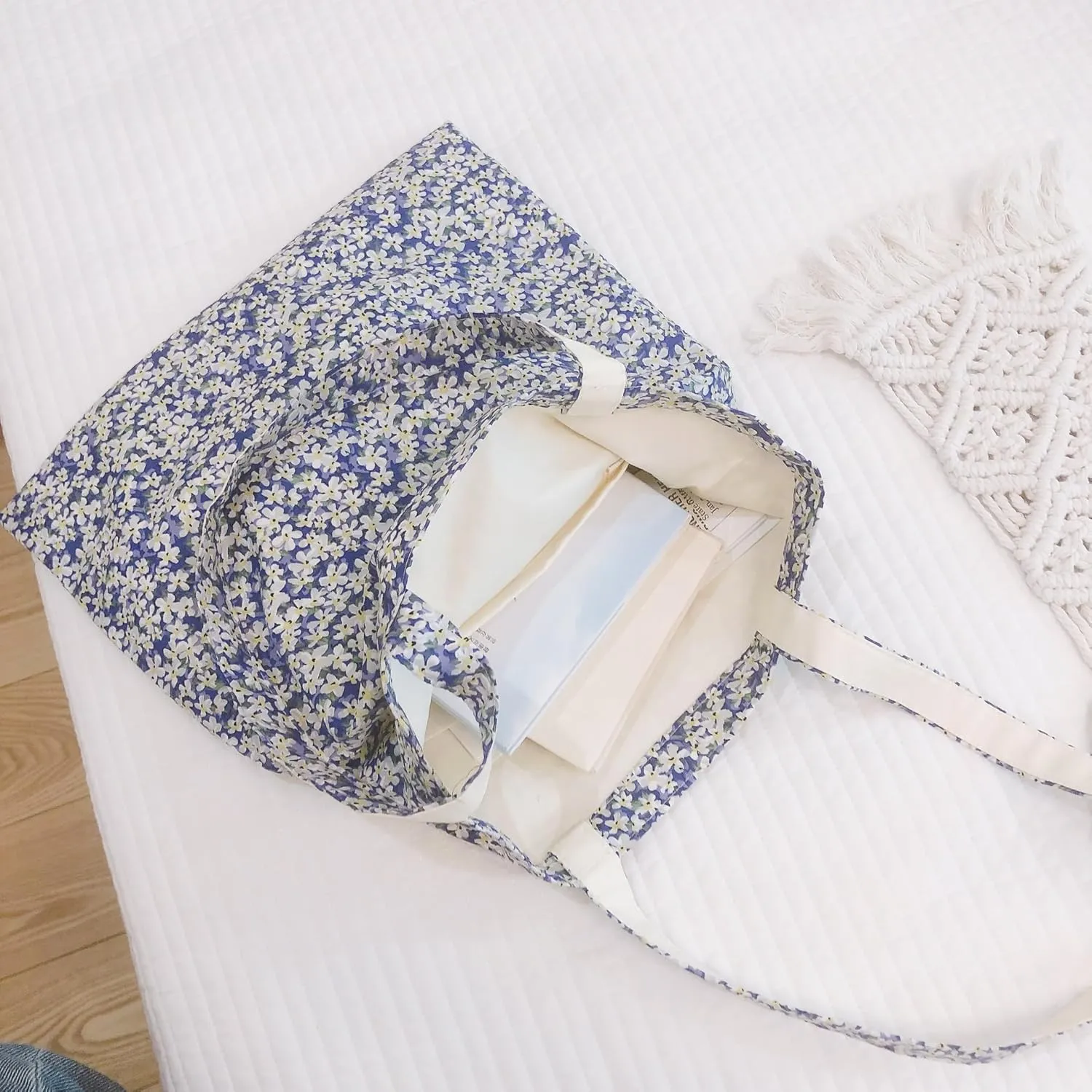 Cotton Canvas Tote Bag Reusable Soft Grocery Cloth Bag Floral Shoulder Bag for Beach Travel Shopping