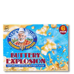 Cousin Willie's Microwave Popcorn Bags, Buttery Explosion (8 Boxes, 48 Bags), Gourmet Popcorn Boxes for Party, Whole Grain Popcorn, Gluten Free, Low Calorie Healthy Snack, Made in USA, non-GMO