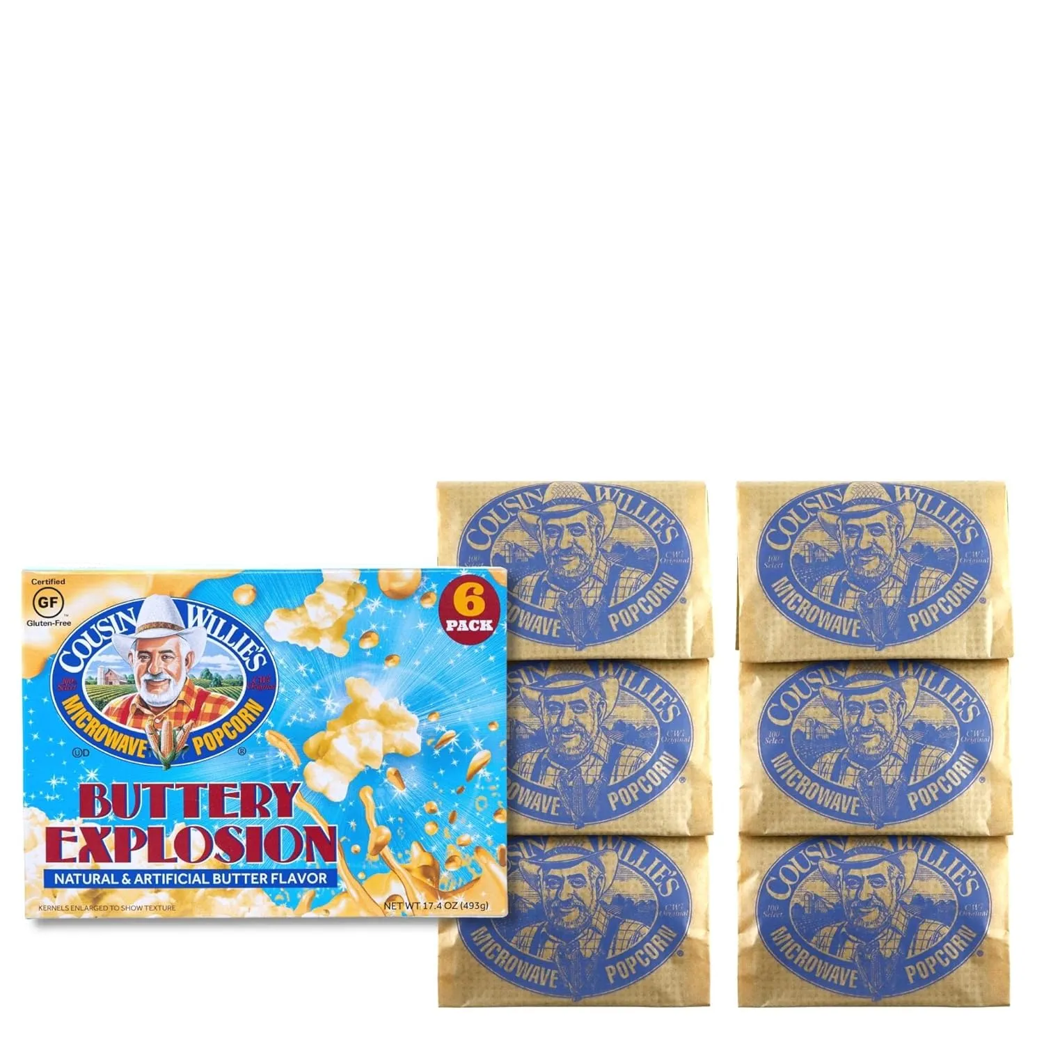 Cousin Willie's Microwave Popcorn Bags, Buttery Explosion (8 Boxes, 48 Bags), Gourmet Popcorn Boxes for Party, Whole Grain Popcorn, Gluten Free, Low Calorie Healthy Snack, Made in USA, non-GMO