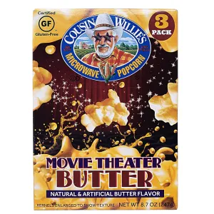 Cousin Willie's Microwave Popcorn Bags, Movie Theater Butter (4 Boxes, 12 Bags) Gourmet Popcorn Boxes for Party, Whole Grain Popcorn, Gluten Free, Low Calorie Healthy Snack, USA Made, non-GMO