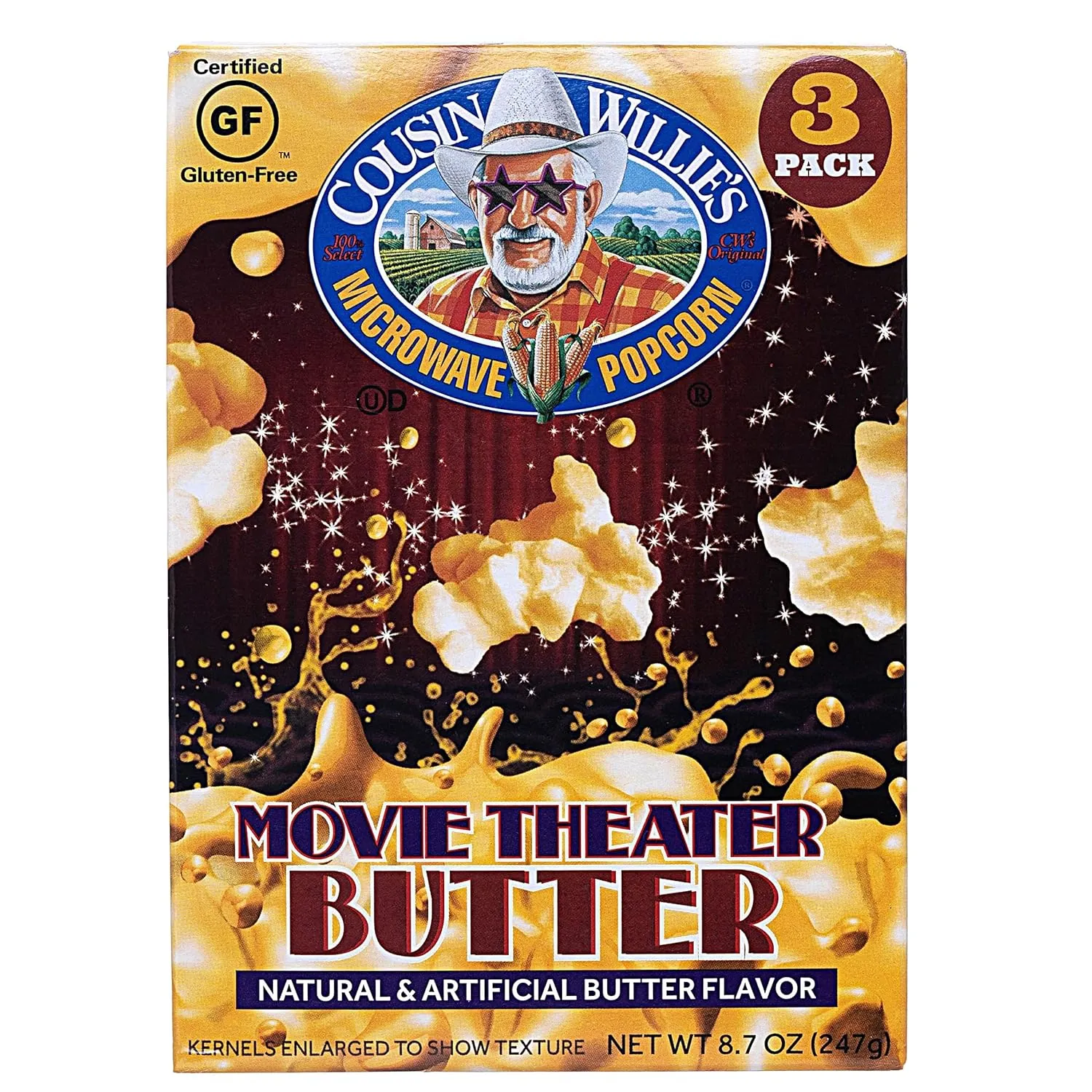 Cousin Willie's Microwave Popcorn Bags, Movie Theater Butter (4 Boxes, 12 Bags) Gourmet Popcorn Boxes for Party, Whole Grain Popcorn, Gluten Free, Low Calorie Healthy Snack, USA Made, non-GMO
