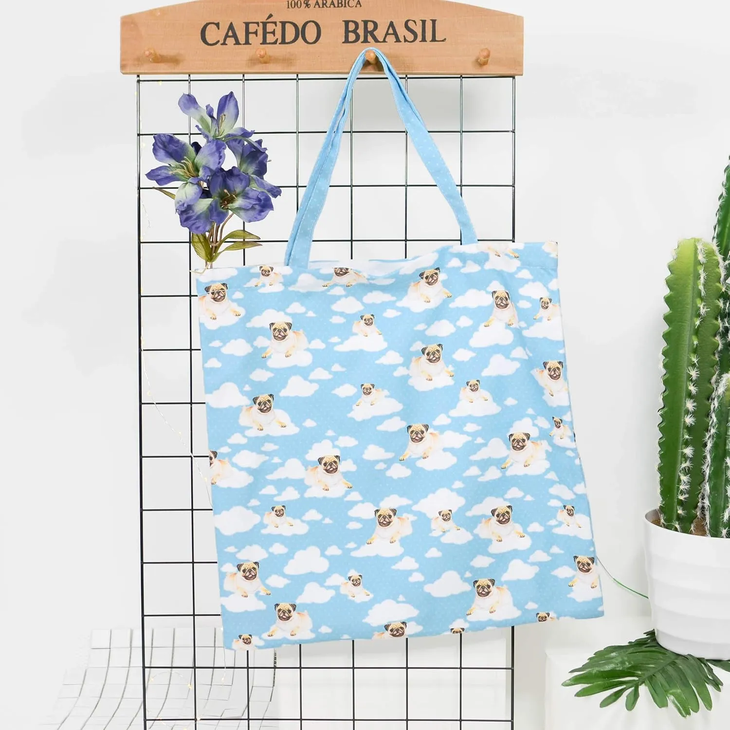 CowCow Womens Bag Cute Pug Sky Blue Zipper Grocery Eco Friendly Tote Bag
