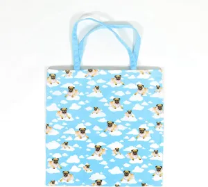 CowCow Womens Bag Cute Pug Sky Blue Zipper Grocery Eco Friendly Tote Bag