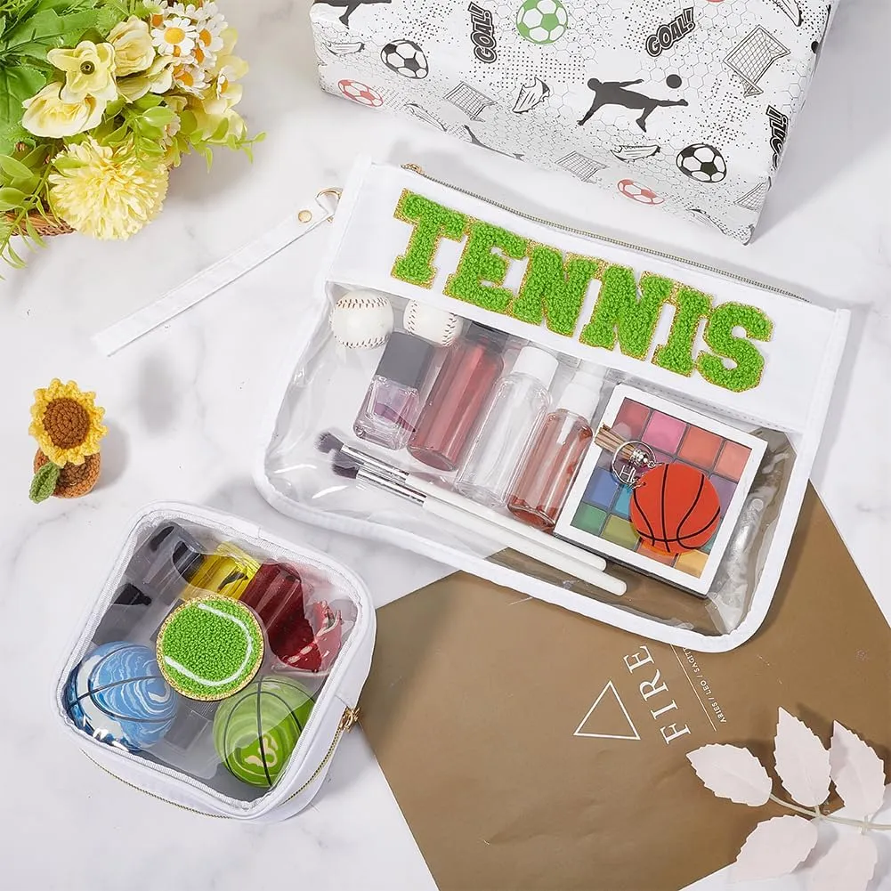 CREATCABIN 2 Pack Tennis Makeup Bags Clear Cosmetic Bag PVC Waterproof Toiletry Pouch Small Travel Bag with Zipper for Women Portable Stuff Storage Sport Party Tennis Team Gifts