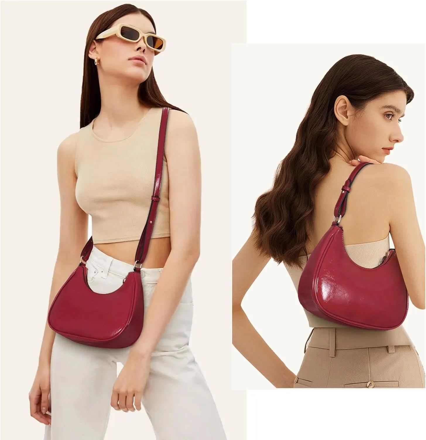 Crescent Shoulder Bag Purse for Women Red Bag Faux Leather Hobo Handbag Solid Color Half Moon Crossbody Purse