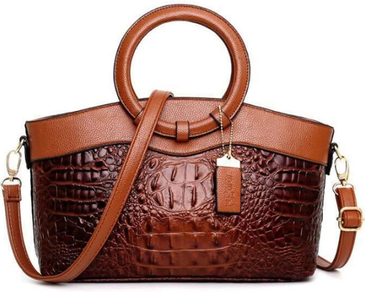 Crocodile Pattern Handbag for Women Leather Ring Top Handle Satchel Style Shoulder Bag Fashion Purse Embossed Tote