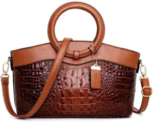 Crocodile Pattern Handbag for Women Leather Ring Top Handle Satchel Style Shoulder Bag Fashion Purse Embossed Tote