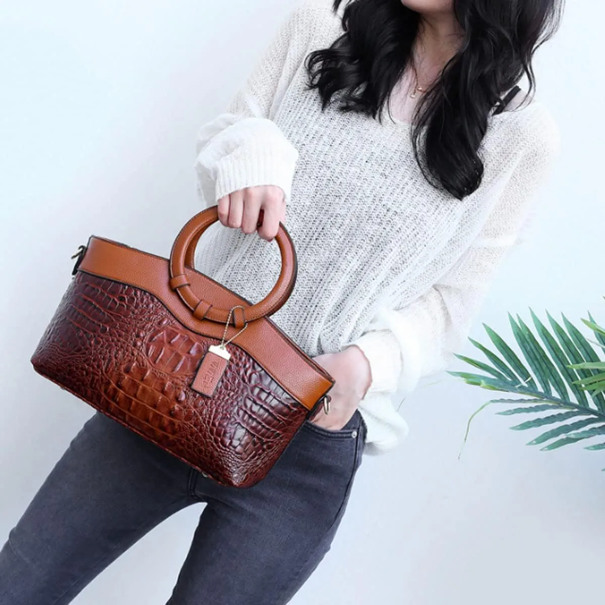 Crocodile Pattern Handbag for Women Leather Ring Top Handle Satchel Style Shoulder Bag Fashion Purse Embossed Tote