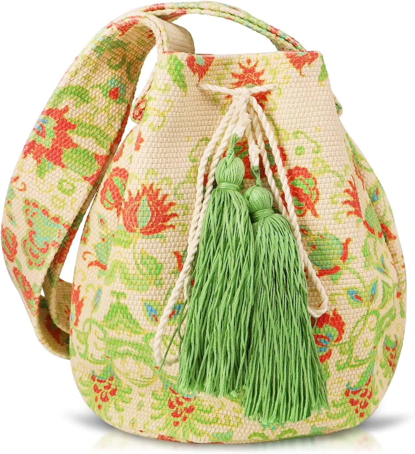 Crossbody Bags for Women, Canvas Tote Bag, Tassels Drawstring Bucket Bag, Bohemian Handbag, Large Capacity Travel Shoulder Bag