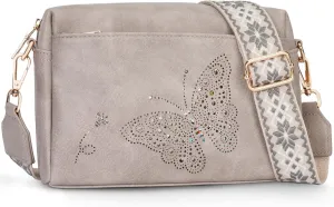 Crossbody Bags for Women, Vegan Leather Small Crossbody Purses Butterfly Shoulder Handbags with Wide Strap
