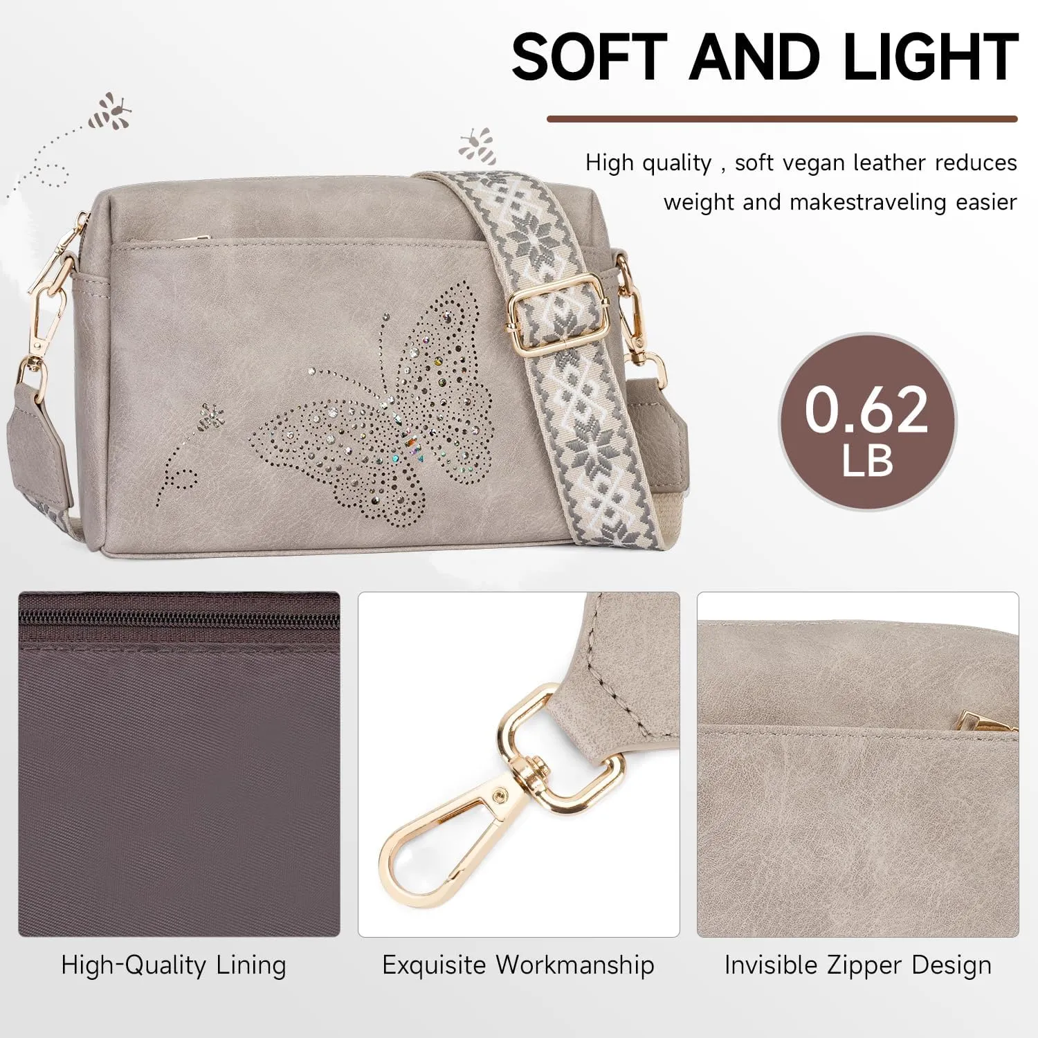 Crossbody Bags for Women, Vegan Leather Small Crossbody Purses Butterfly Shoulder Handbags with Wide Strap
