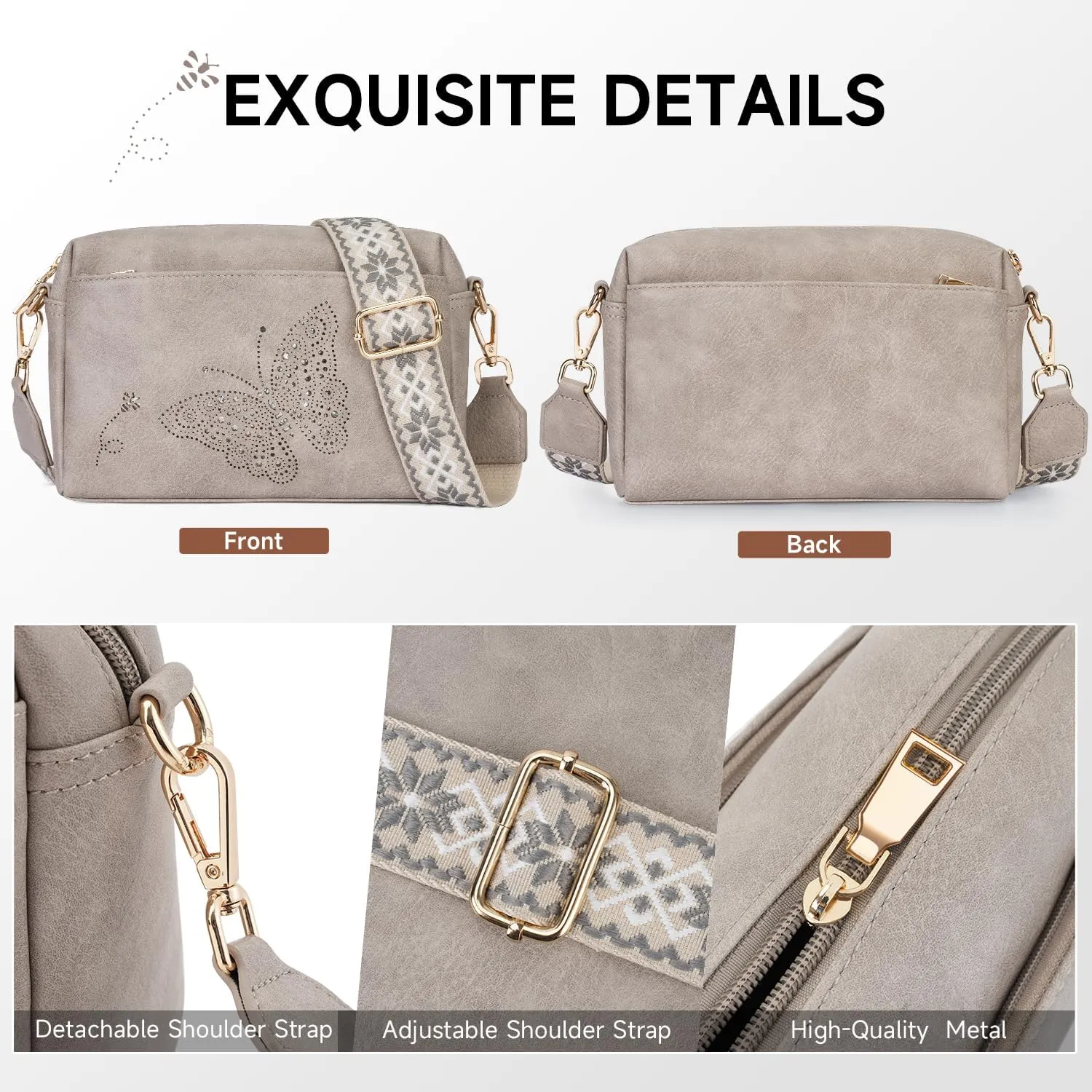 Crossbody Bags for Women, Vegan Leather Small Crossbody Purses Butterfly Shoulder Handbags with Wide Strap