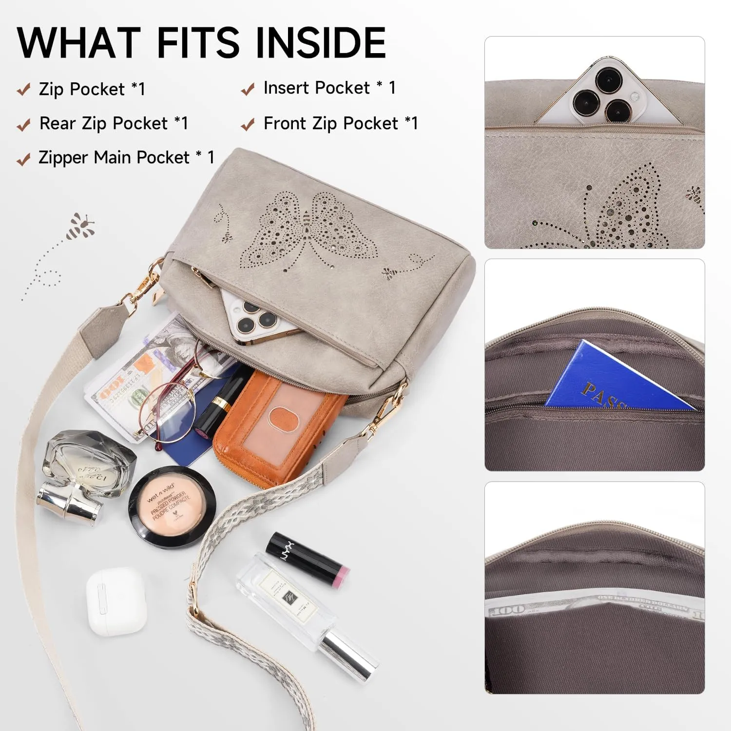 Crossbody Bags for Women, Vegan Leather Small Crossbody Purses Butterfly Shoulder Handbags with Wide Strap