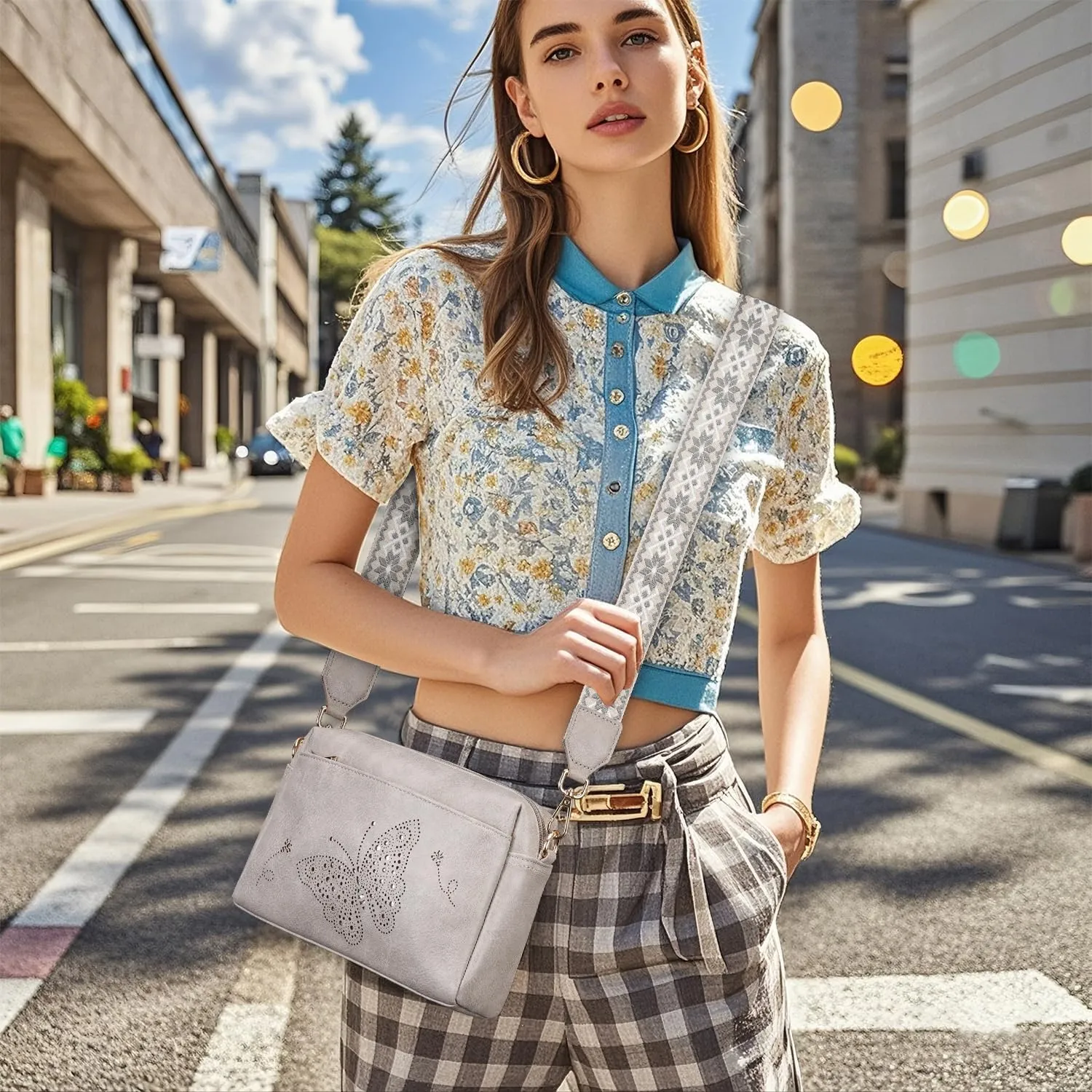 Crossbody Bags for Women, Vegan Leather Small Crossbody Purses Butterfly Shoulder Handbags with Wide Strap