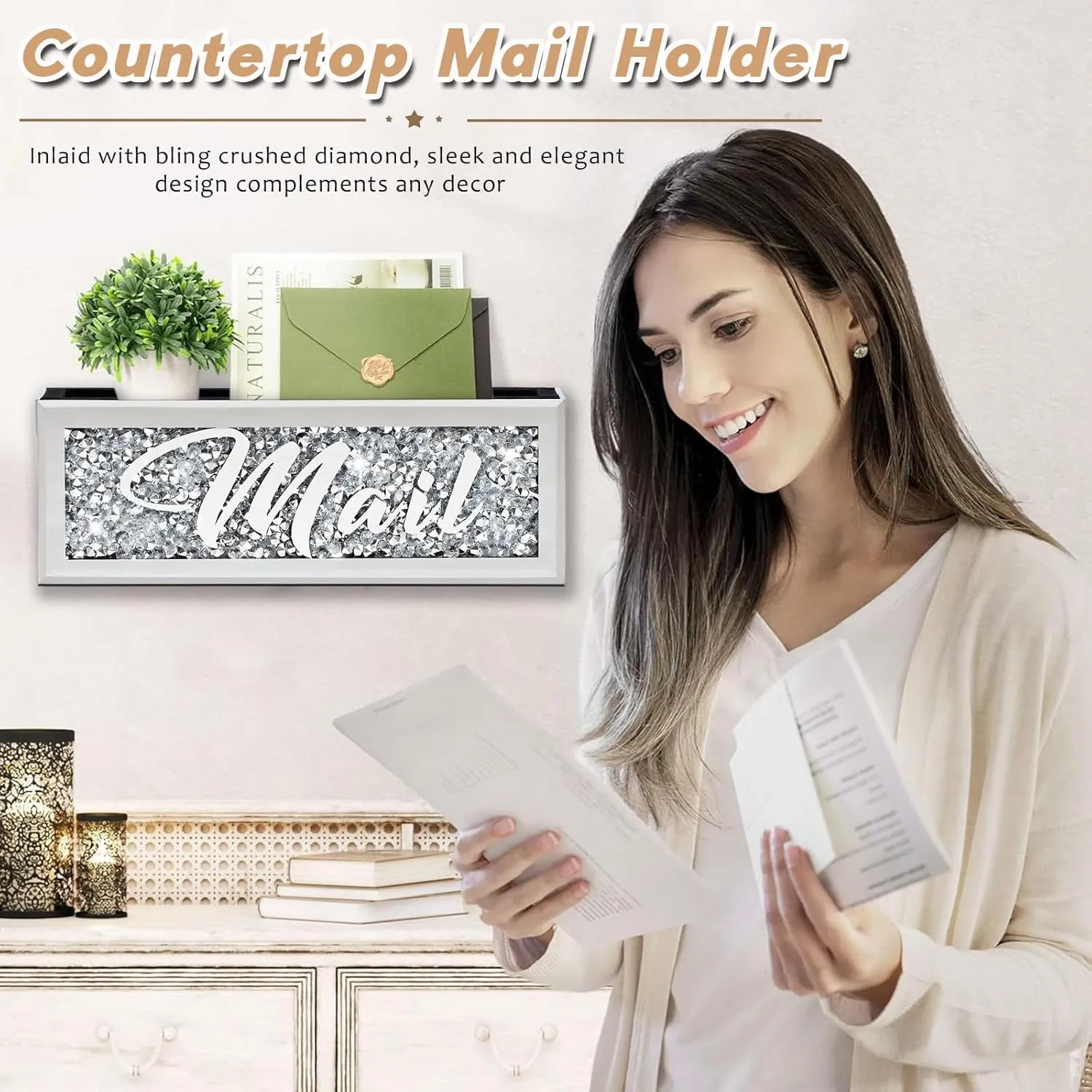 Crushed Diamond Mail Organizer, Crystal Mail Organizer Countertop, Mirror Letter Holder, Mail Tray, Mail Holder Box for Desk, Mail Holder for Wall