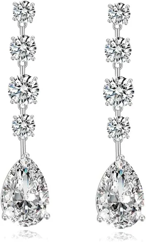 Cubic Zirconia Teardrop Earrings for Women - Long Pear-Shaped Dangle Drop Earrings in 14k Gold Platinum Plated Sterling Silver Post for Bridal, Bridesmaid Wedding Prom