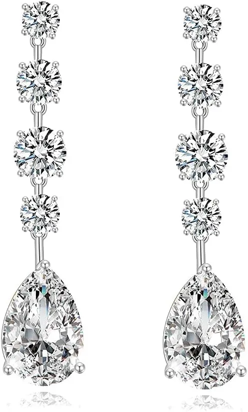 Cubic Zirconia Teardrop Earrings for Women - Long Pear-Shaped Dangle Drop Earrings in 14k Gold Platinum Plated Sterling Silver Post for Bridal, Bridesmaid Wedding Prom
