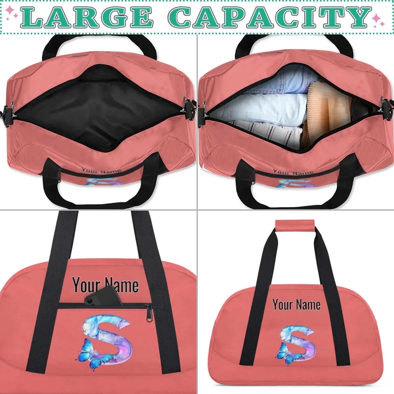Custom Butterfly Letters Dance Duffle Bag Personalized Foldable Sports Cheer Travel Duffle Bag
