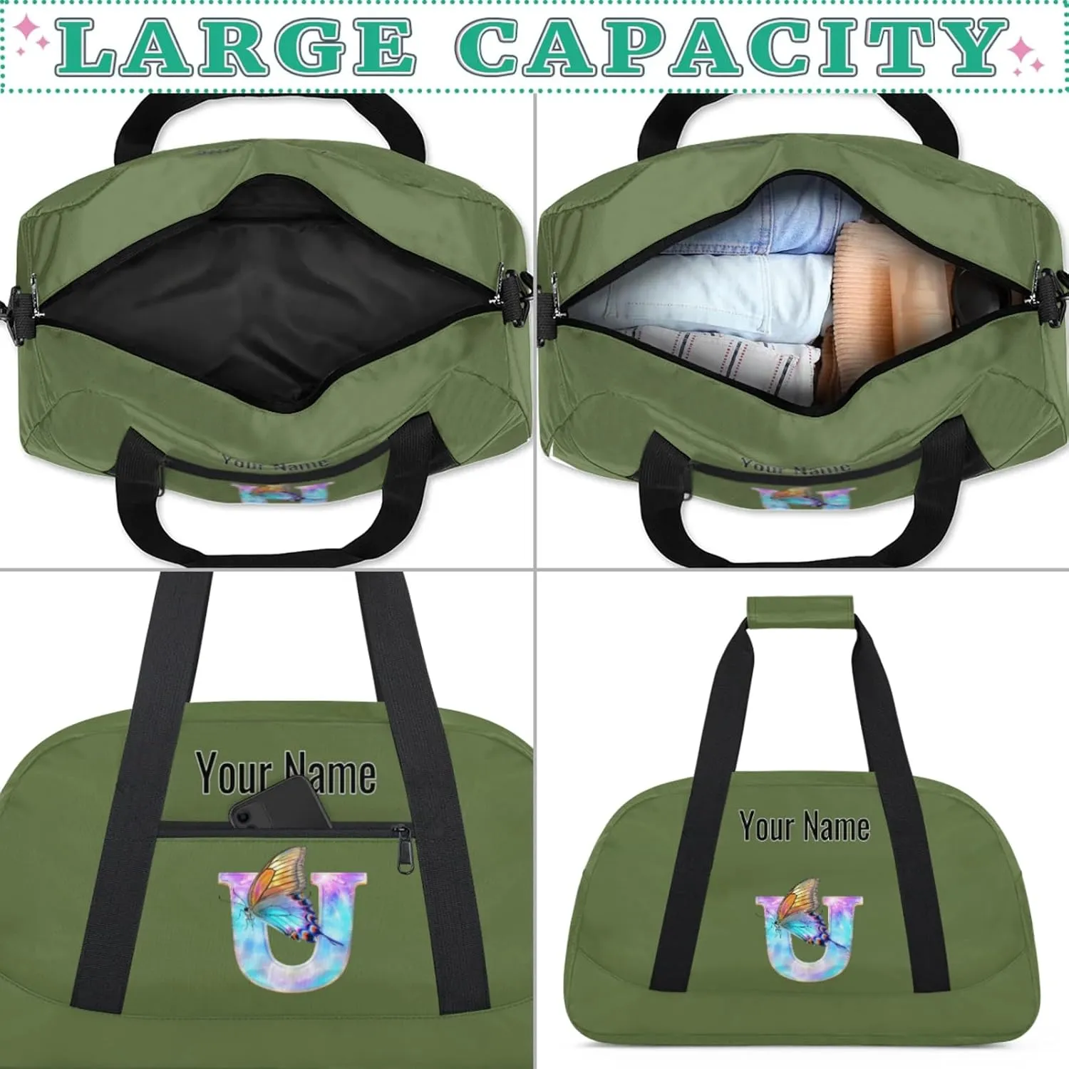 Custom Butterfly Letters Dance Duffle Bag Personalized Foldable Sports Cheer Travel Duffle Bag