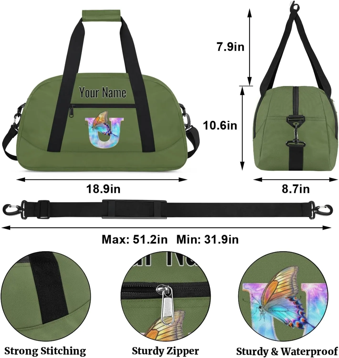 Custom Butterfly Letters Dance Duffle Bag Personalized Foldable Sports Cheer Travel Duffle Bag