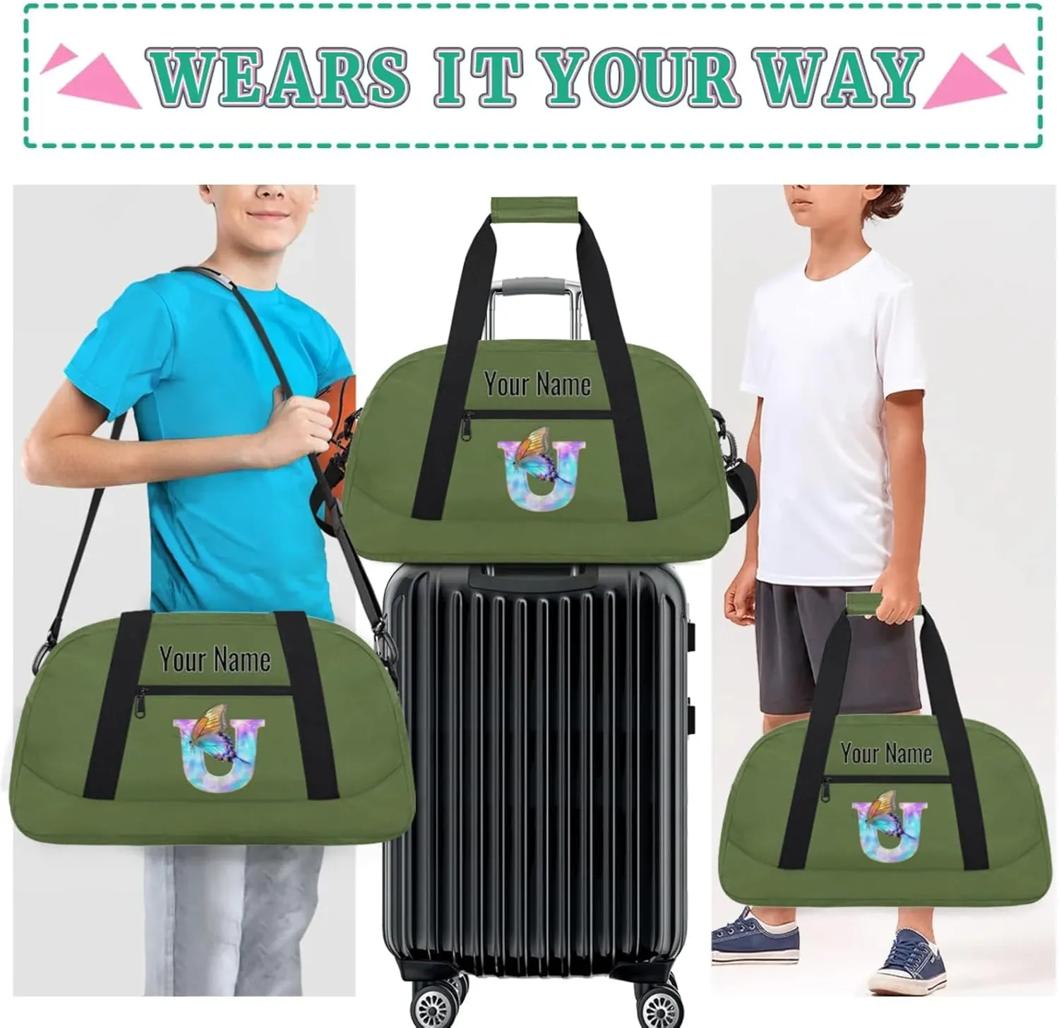 Custom Butterfly Letters Dance Duffle Bag Personalized Foldable Sports Cheer Travel Duffle Bag