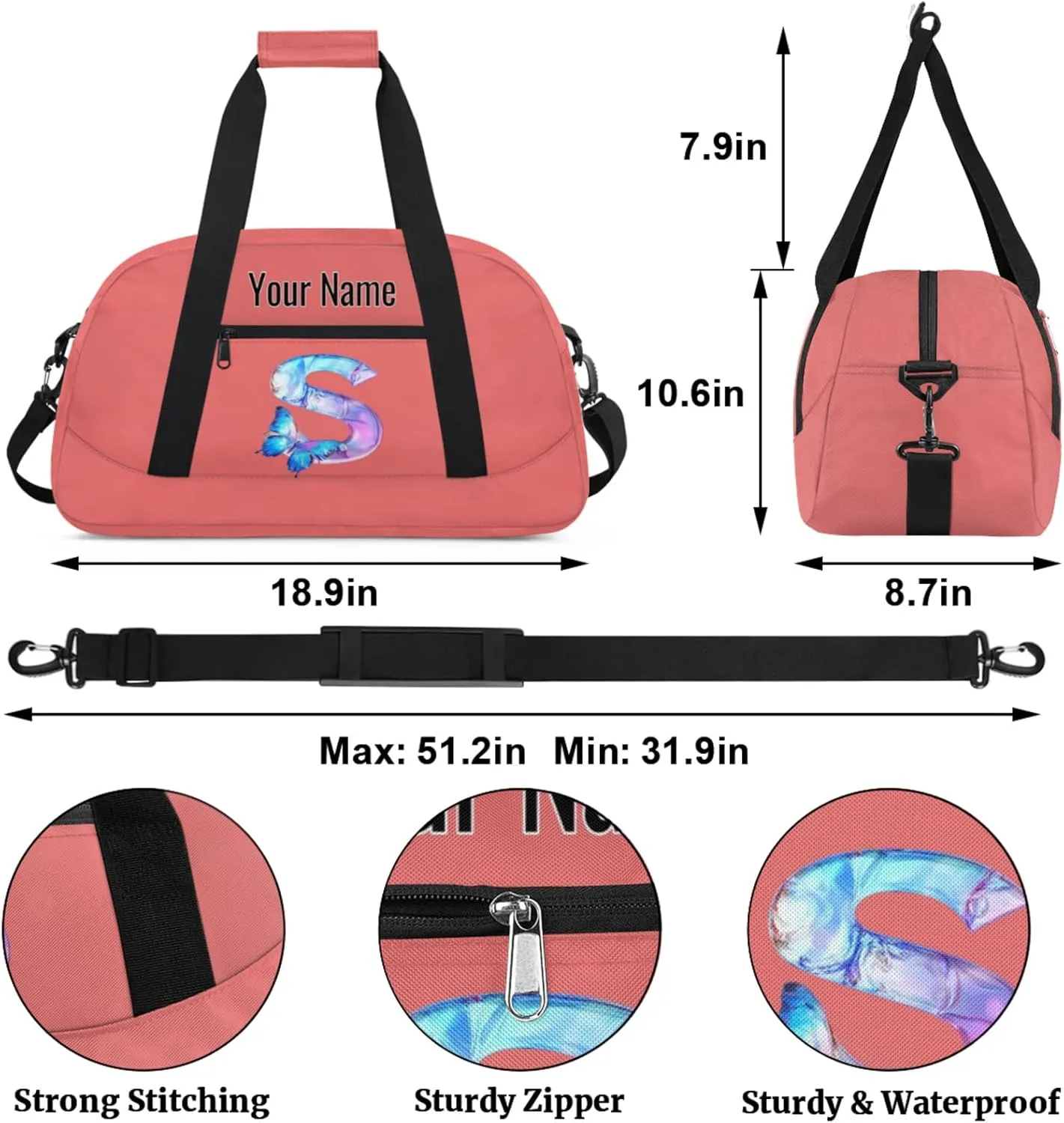 Custom Butterfly Letters Dance Duffle Bag Personalized Foldable Sports Cheer Travel Duffle Bag
