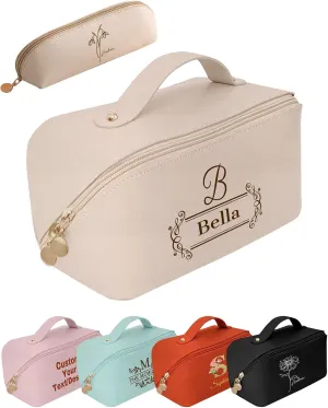 Custom Makeup Bag Large Capacity Personalized Travel Cosmetic Bag Women Customized PU Leather Toiletries Organizer Bags with Name Monogram Gift for Valentine's Mother's - Printed