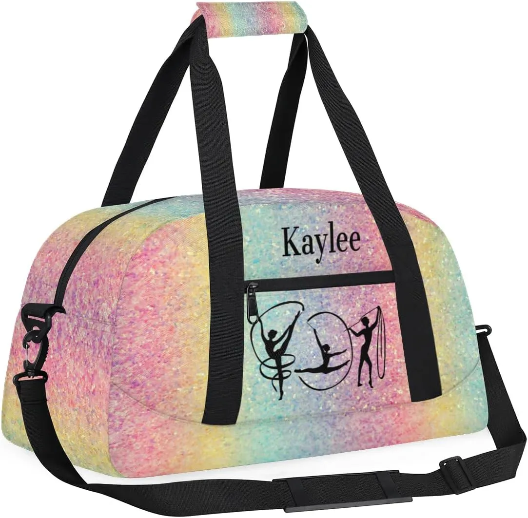 Custom Name Gym Bag Girls, Personalized Name Dance Bag Rhythmic Gymnastics Sport Duffel Bag, Colorful Pink Blue Yellow Sequins Glitters