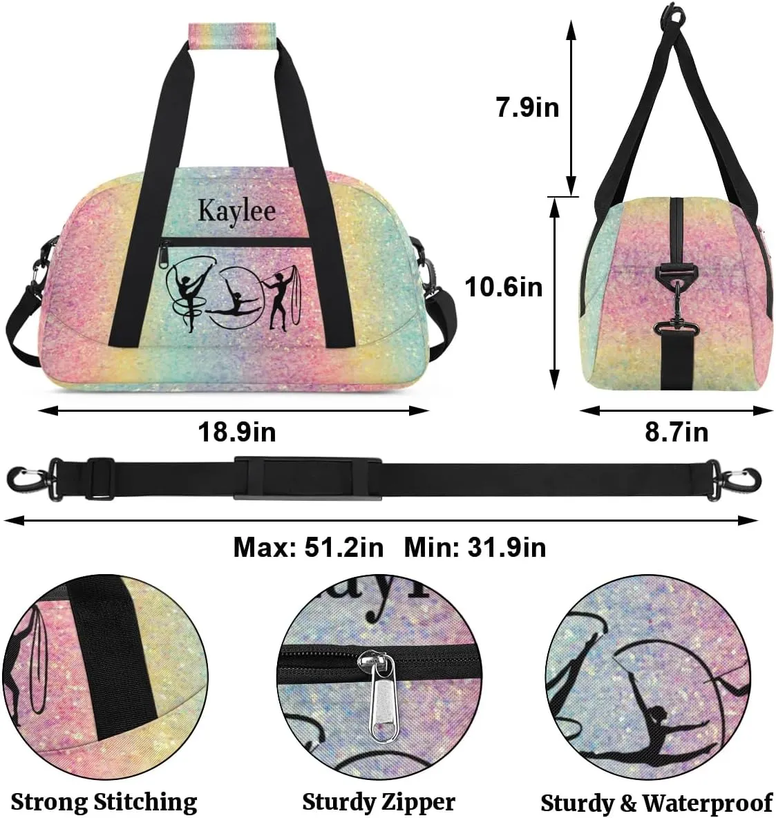 Custom Name Gym Bag Girls, Personalized Name Dance Bag Rhythmic Gymnastics Sport Duffel Bag, Colorful Pink Blue Yellow Sequins Glitters