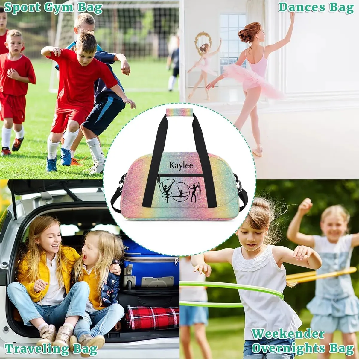 Custom Name Gym Bag Girls, Personalized Name Dance Bag Rhythmic Gymnastics Sport Duffel Bag, Colorful Pink Blue Yellow Sequins Glitters