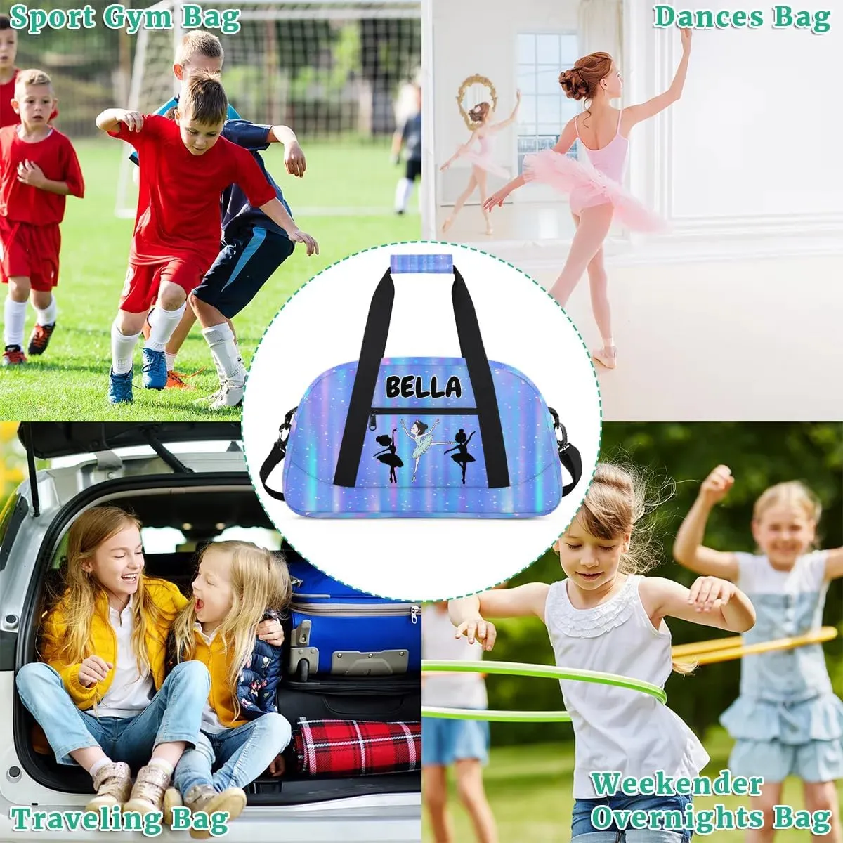 Custom Sports Bag Balltet Dance Bag for Girls Cute, Personalized Travel Bag Overnight Duffel Bag Gymnastics Swimming Sleepover Overnight Sports Bag, Gradient Blue Color