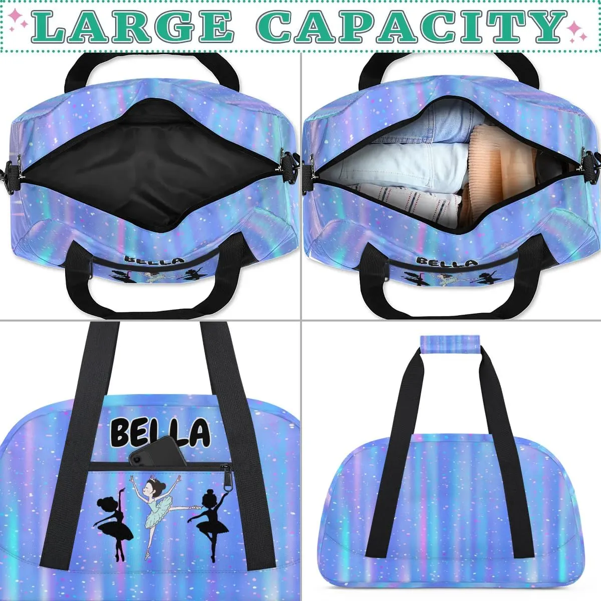 Custom Sports Bag Balltet Dance Bag for Girls Cute, Personalized Travel Bag Overnight Duffel Bag Gymnastics Swimming Sleepover Overnight Sports Bag, Gradient Blue Color