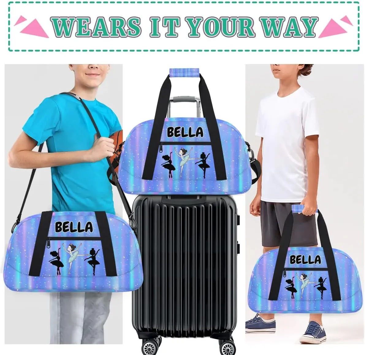 Custom Sports Bag Balltet Dance Bag for Girls Cute, Personalized Travel Bag Overnight Duffel Bag Gymnastics Swimming Sleepover Overnight Sports Bag, Gradient Blue Color
