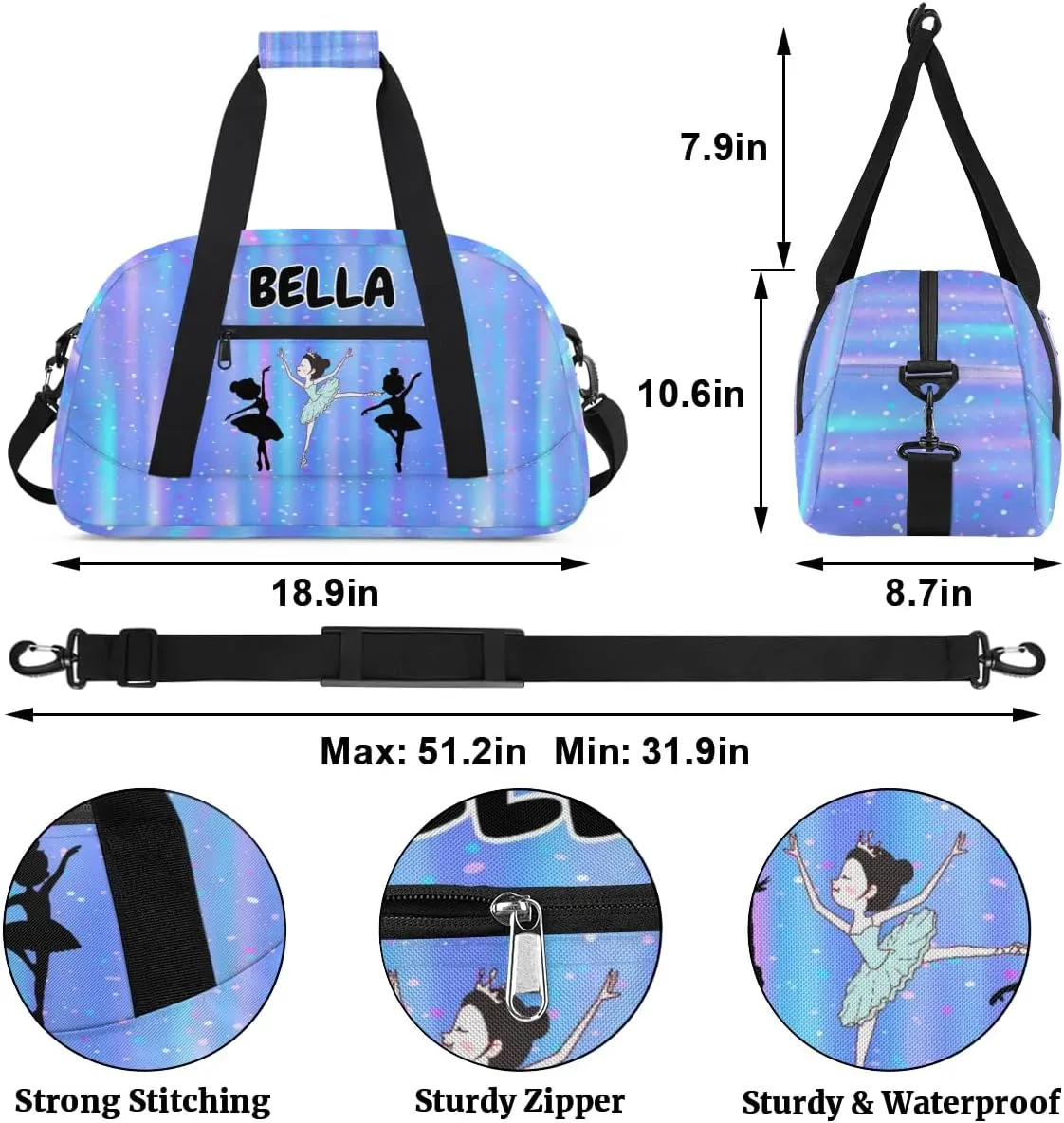 Custom Sports Bag Balltet Dance Bag for Girls Cute, Personalized Travel Bag Overnight Duffel Bag Gymnastics Swimming Sleepover Overnight Sports Bag, Gradient Blue Color