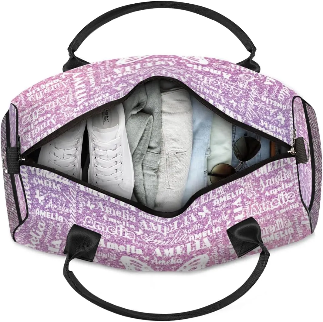 Custom Travel Duffel Bag with Name Butterfly, Personalized Gym Bag for Women, Custom Sport Tote Bags for Dance Cheer, Overnight Weekender Bags, Rose Pink Glitter