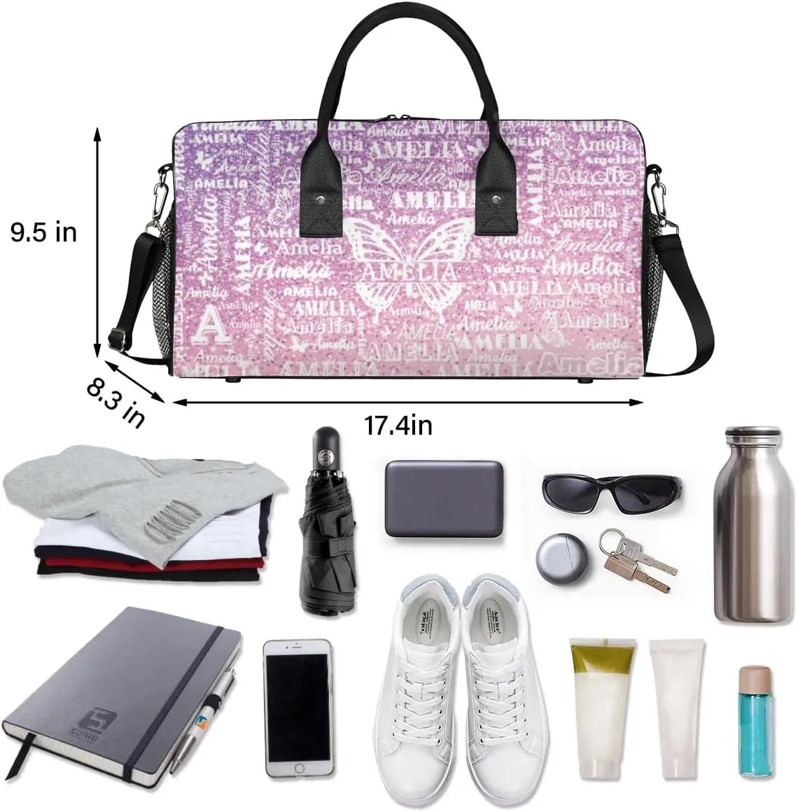 Custom Travel Duffel Bag with Name Butterfly, Personalized Gym Bag for Women, Custom Sport Tote Bags for Dance Cheer, Overnight Weekender Bags, Rose Pink Glitter